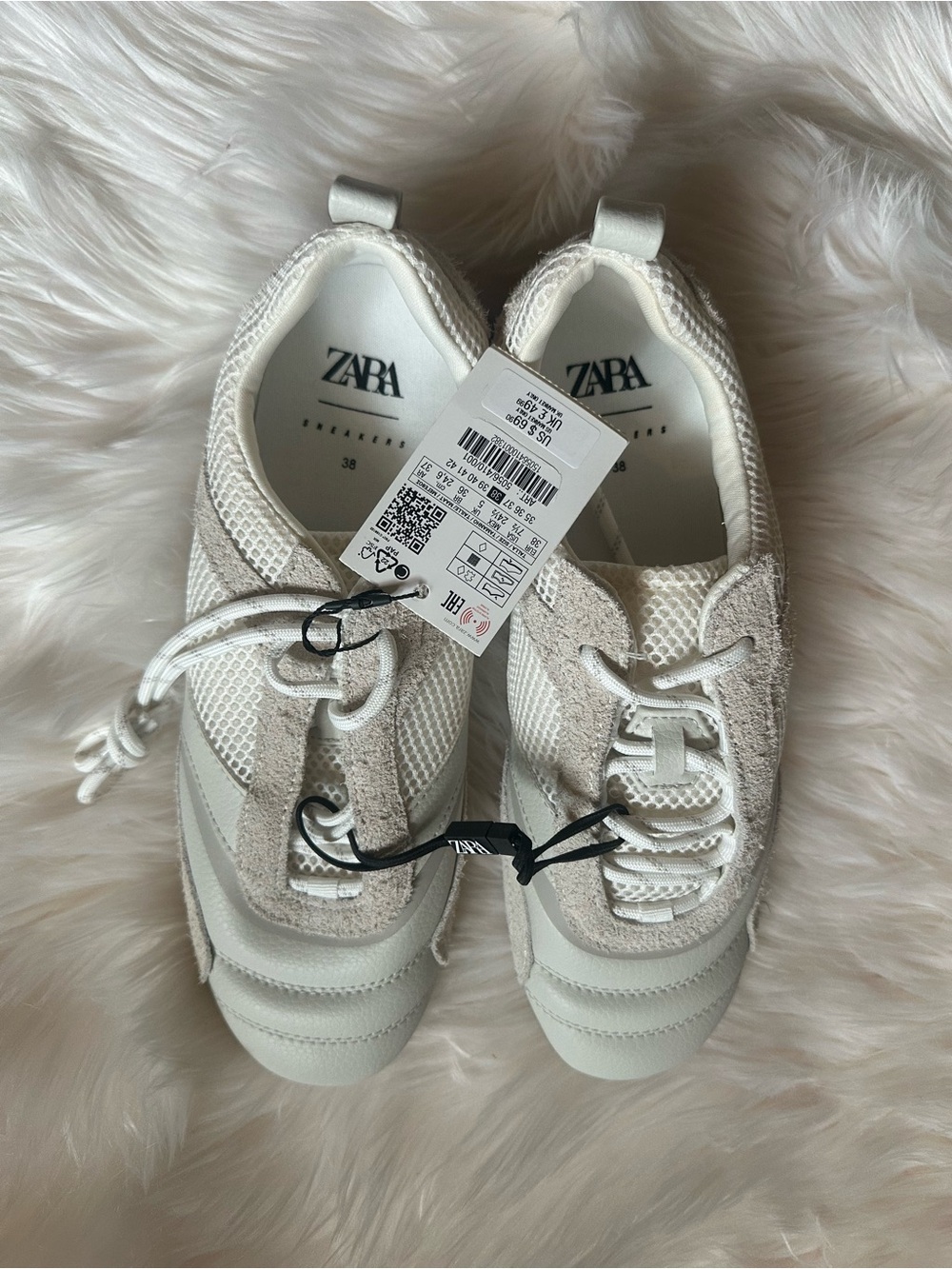 ZARA Cream & White Mixed-Material Trainer Sneakers